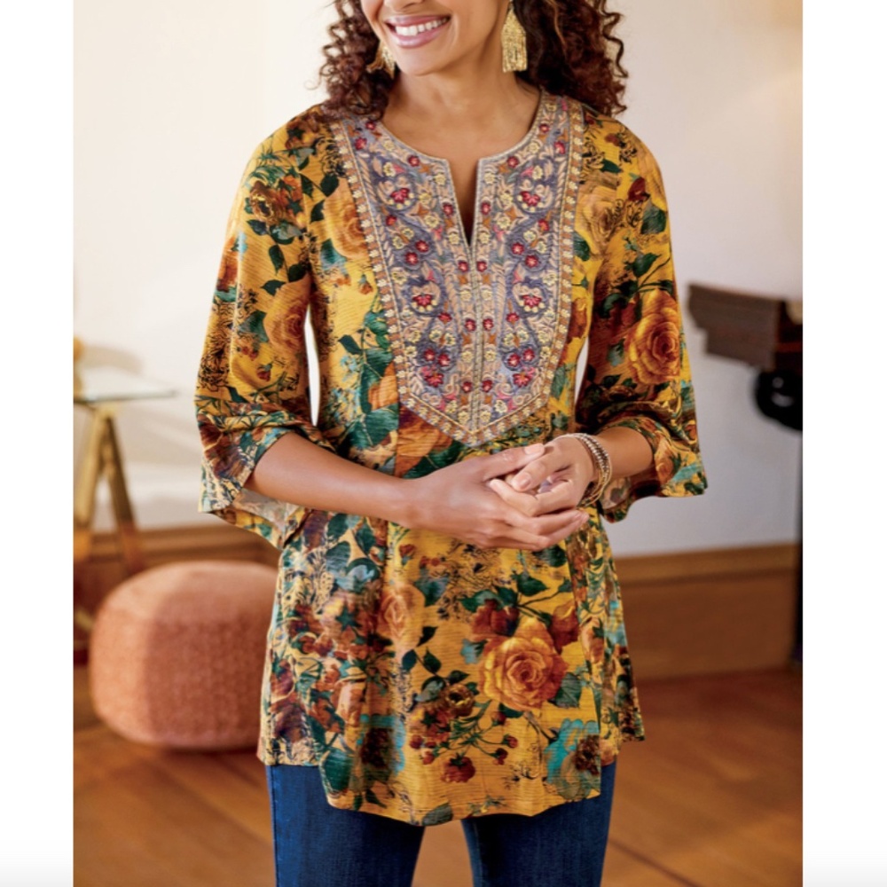 NWT Soft Surroundings Fall Tunic Size PM 10 12 Embroidered Gold Miranda Mixte